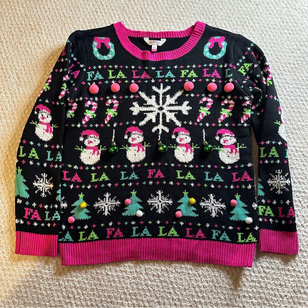No Boundaries Ugly Christmas Sweater With Snowmen, Pom Poms, Jingle Bells, XL